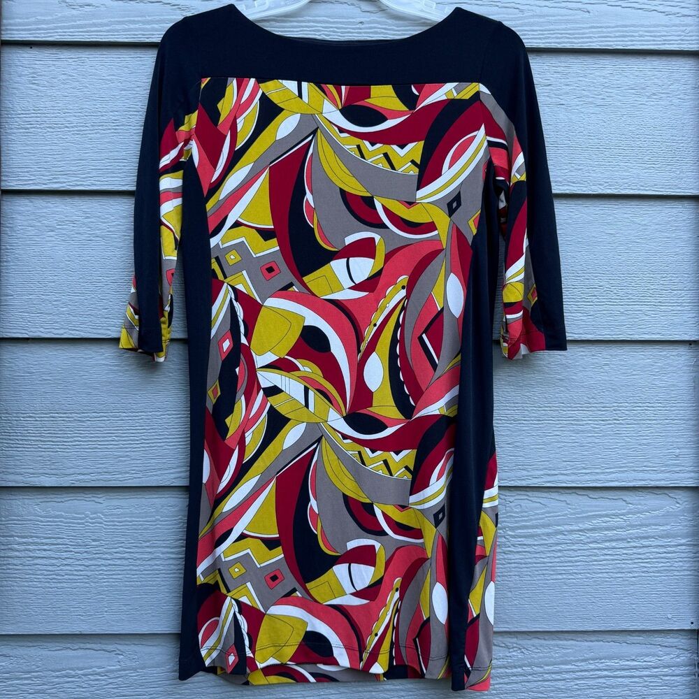 Banana Republic Med Abstract Color block Dress Womens Black Multi Stretch Knit